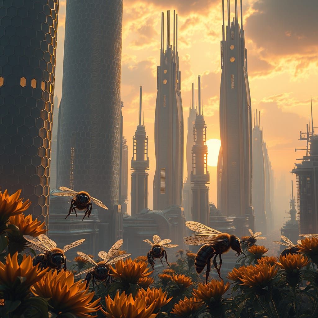 Hyperrealistic Futuristic Cityscape with Robotic Bees