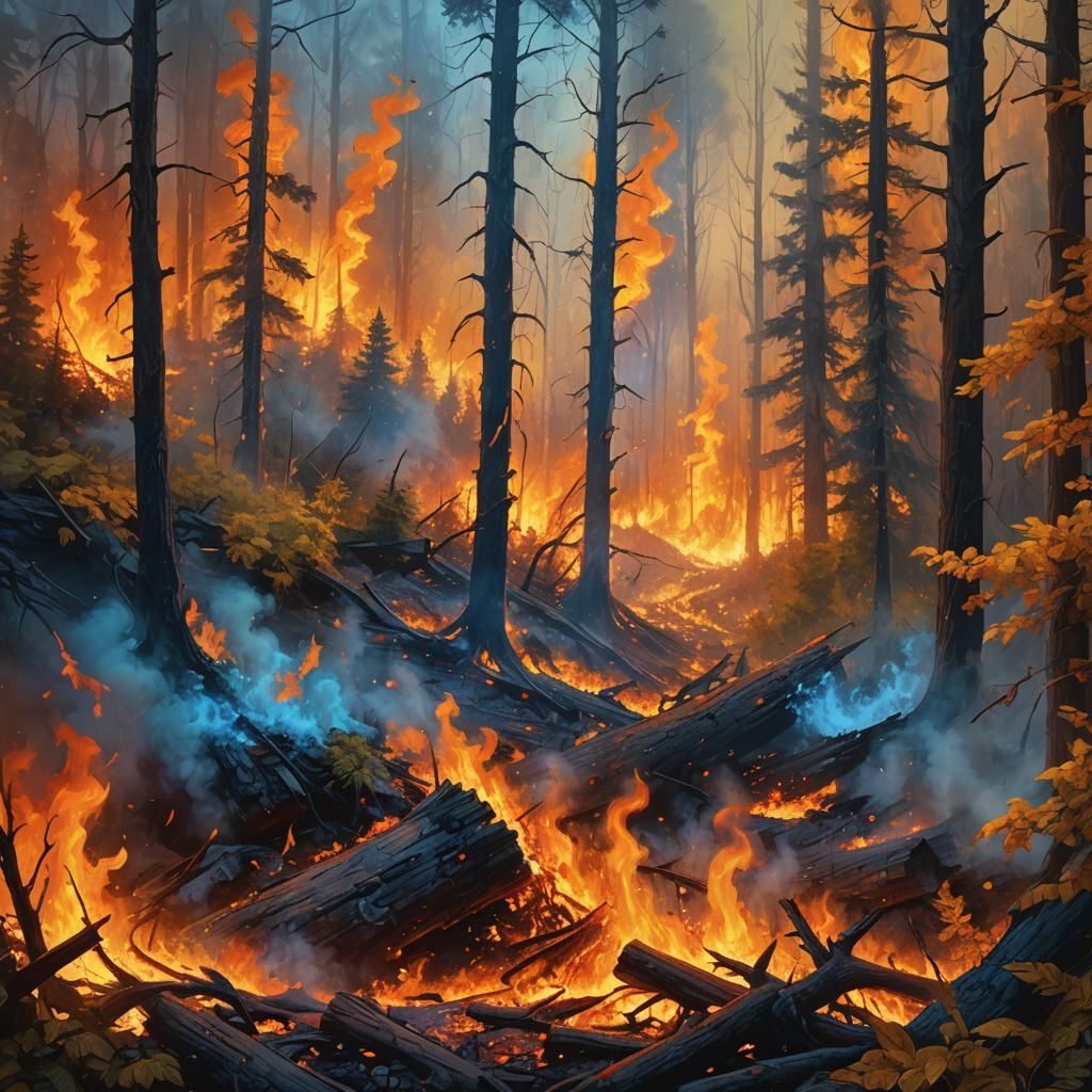 Forest Fire with Fluorescent Smoke, Fantasy Concept Art