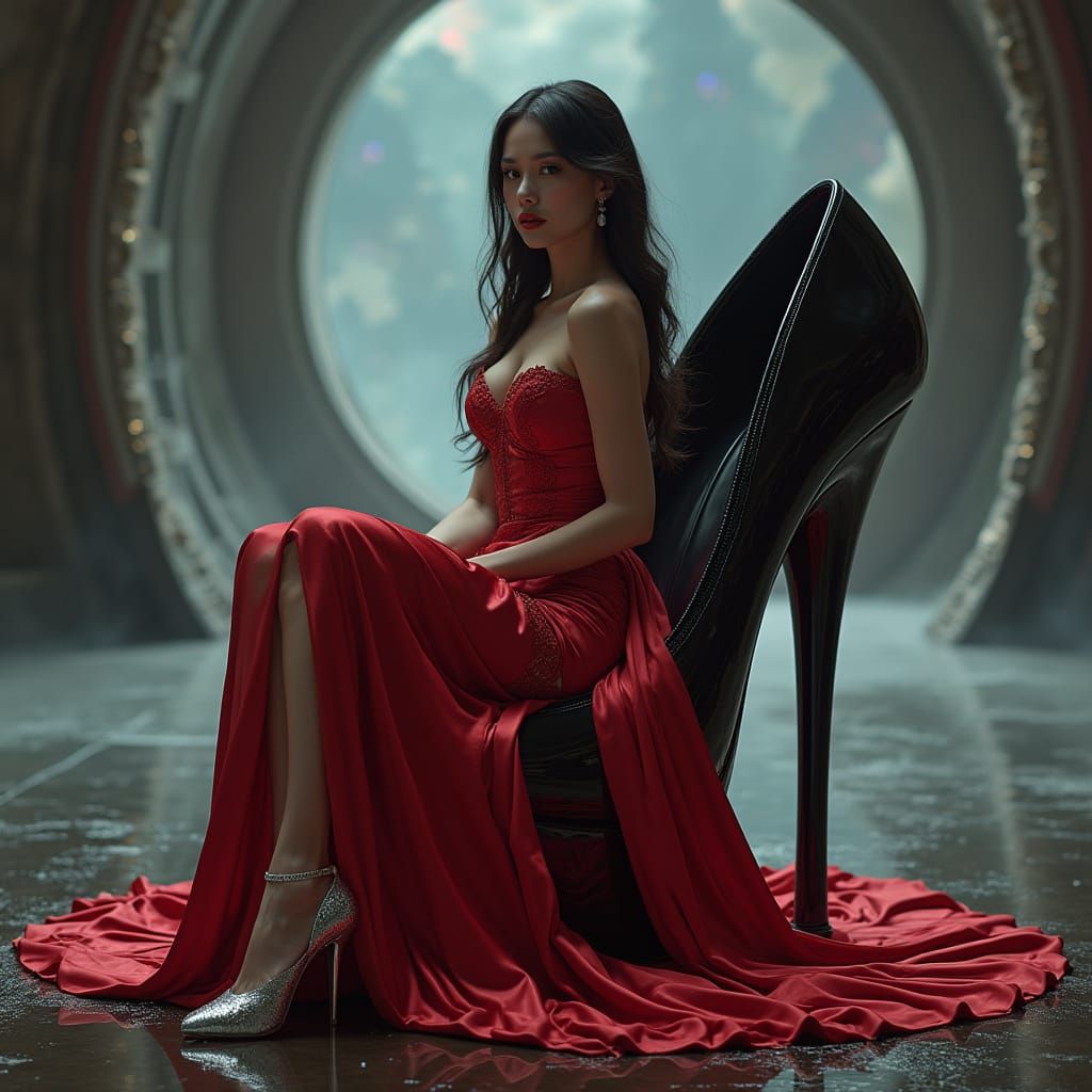 Elegant Evil Femme Fatale in Red Satin Gown