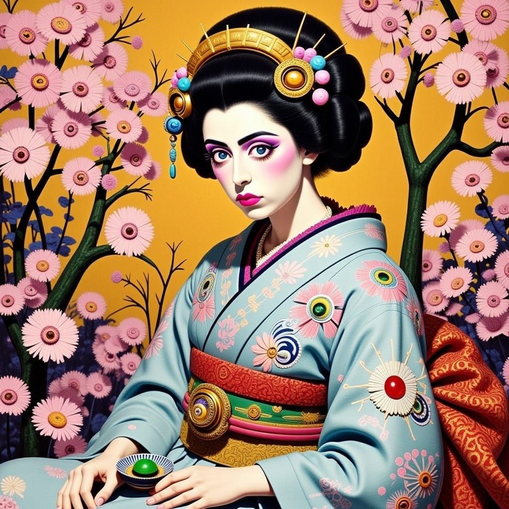 Geisha in Cherry Garden, Ukiyo-e Style