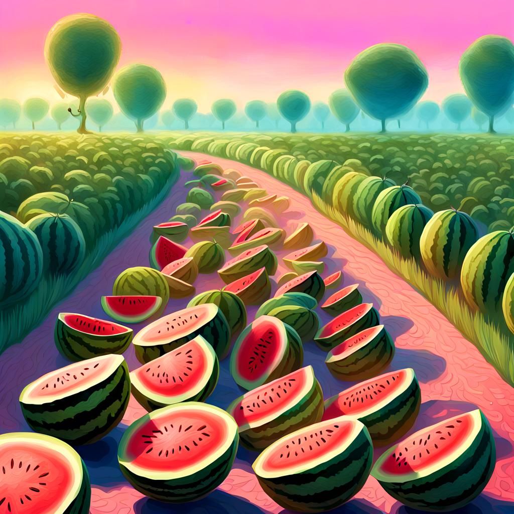 Watermelon Field in Impressionist Digital Art Style