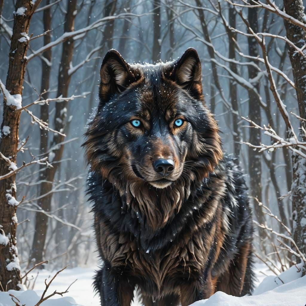 Black Wolf with Blue Eyes in Snow