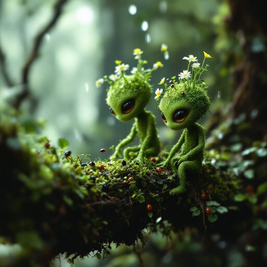 Whimsical Alien Moss People in Enchanted Forest