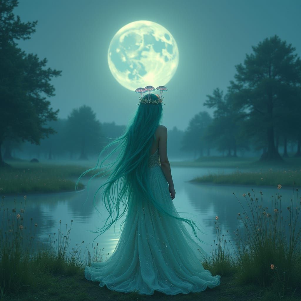 Woman with Jellyfish Crown in Dreamlike Meadow