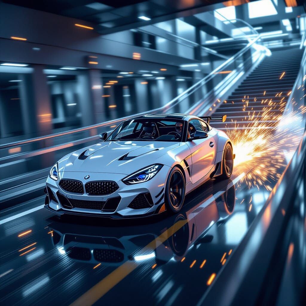 BMW Z4 Racing Down Stairs in Hyper-Realistic Style