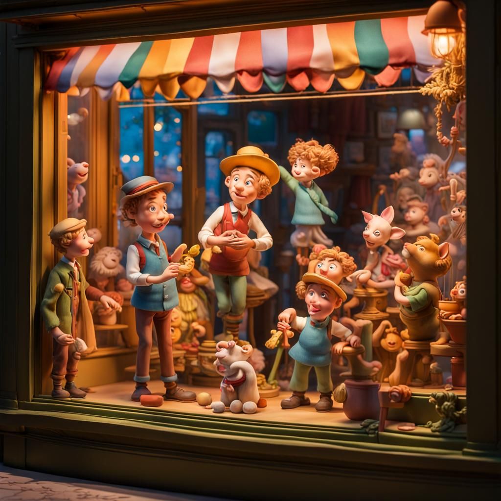 In a whimsical shop window, a delightful scene unfolds as ch...