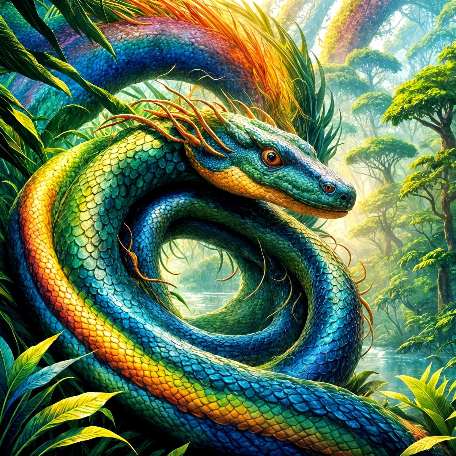 Rainbow Serpent Arching Over Lush Rainforest