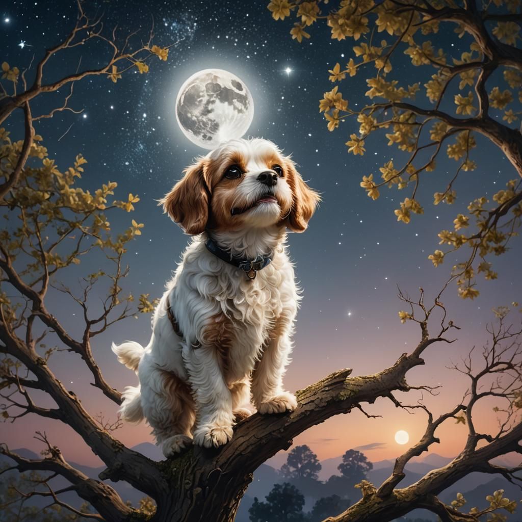 Cavachon Gazing at Night Sky in Fantasy Art