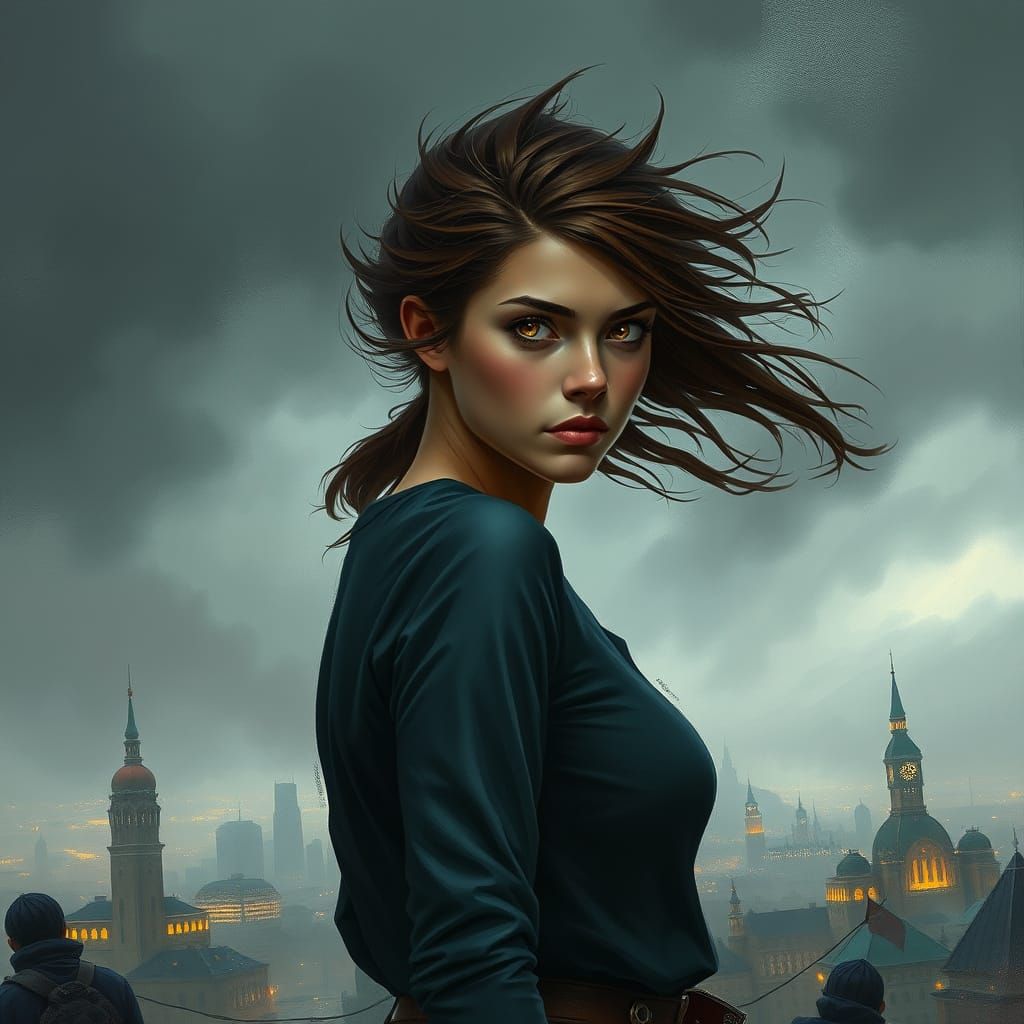 Confident Woman Stands Tall Against Turbulent Grey Sky