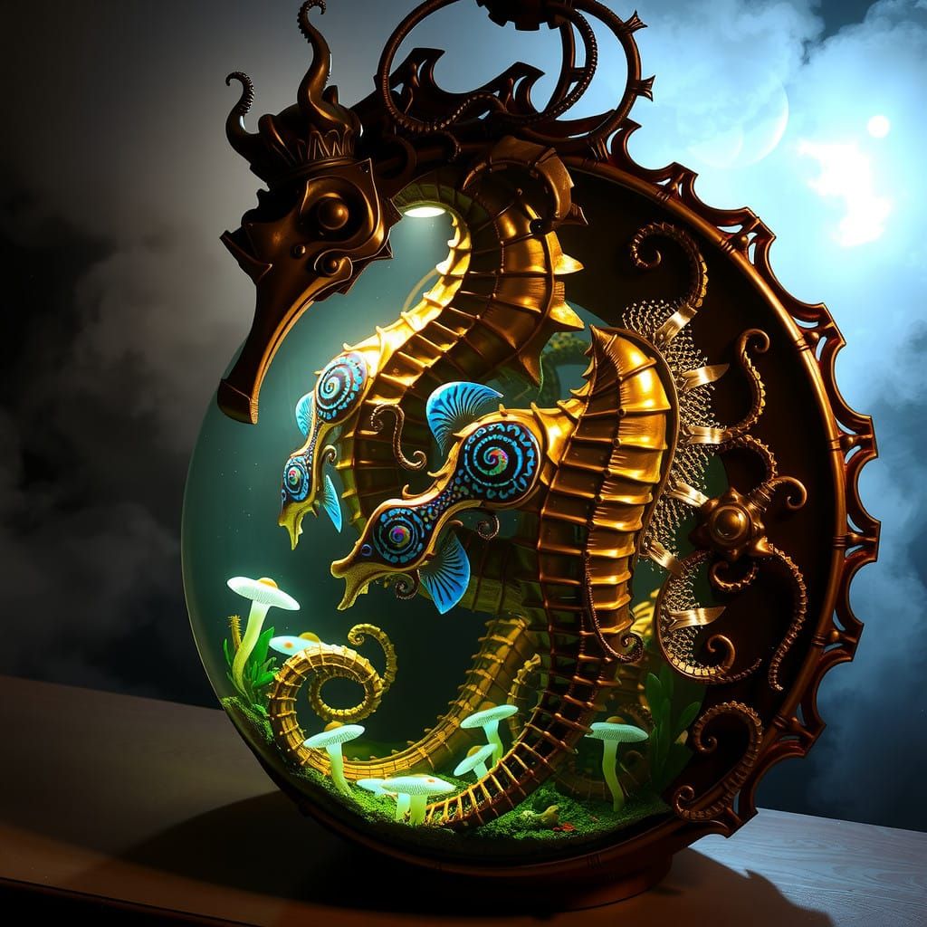 Steampunk Seahorse Aquarium Teeming with Alien Sea Creatures