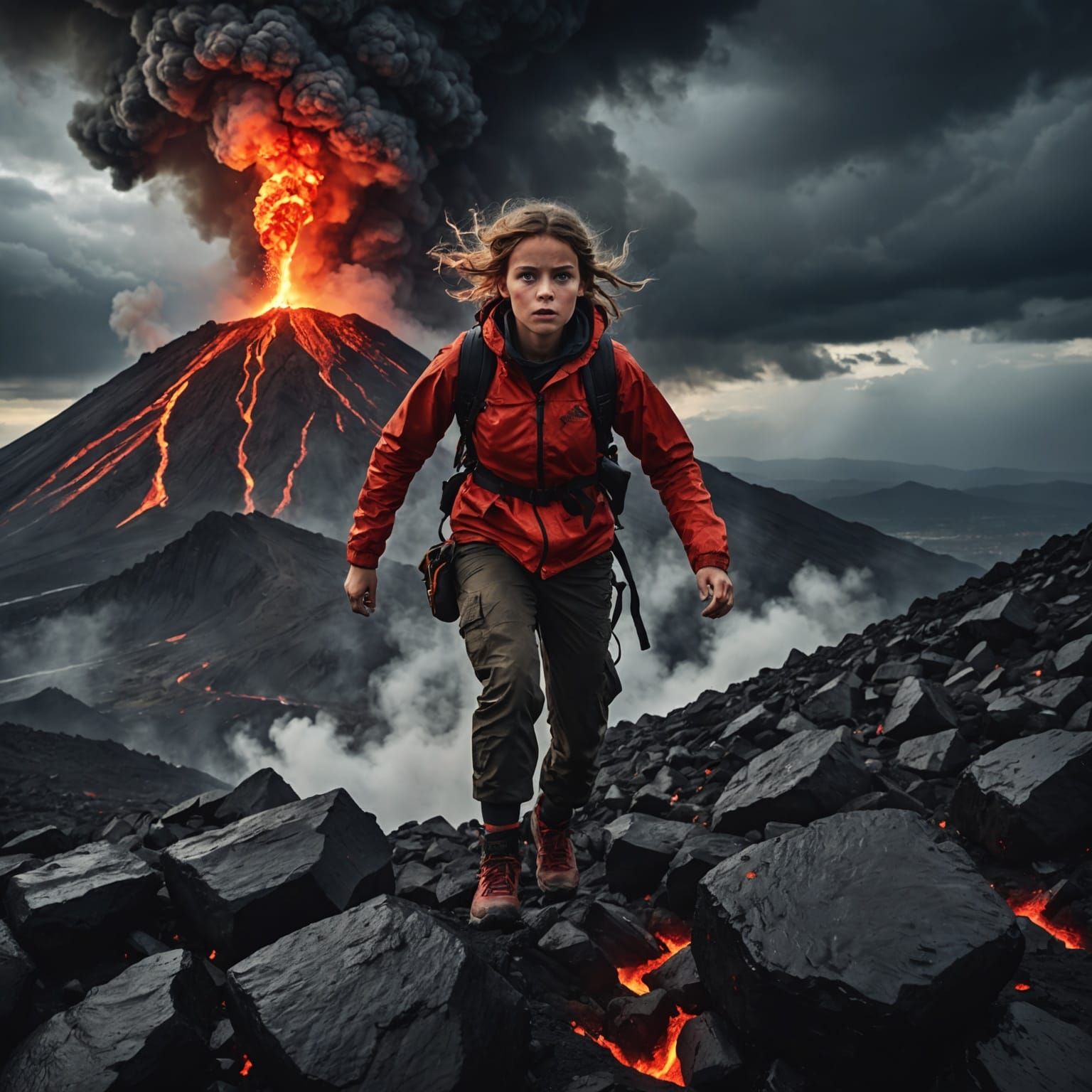 Girl Climbs Erupting Volcano Under Stormy Sky
