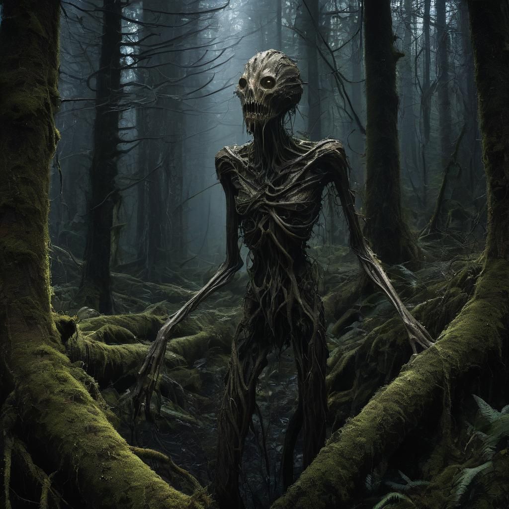 Grotesque Figure Emerges from Decaying Forest