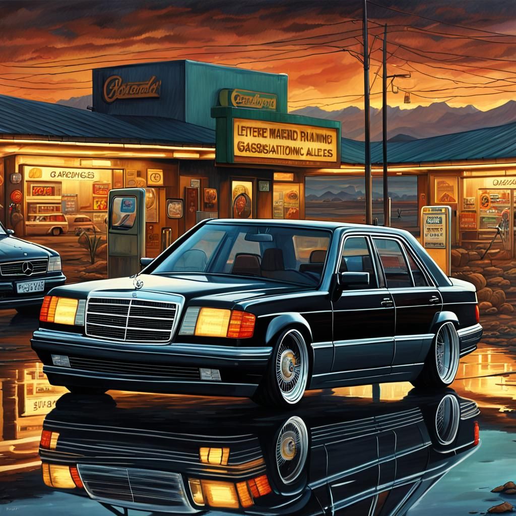 Mercedes W124 Lowrider at Desert Gas Station, Matte Painting
