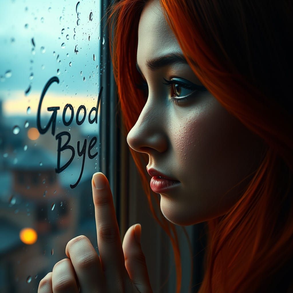 Woman Bids Farewell Amidst Rainy Steampunk Dreamscape