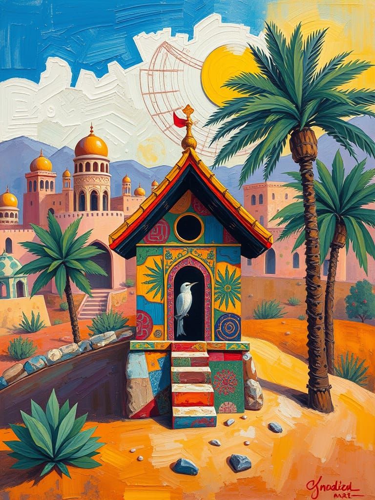 Birdhouse in Arabian Desert, Kandinsky Style