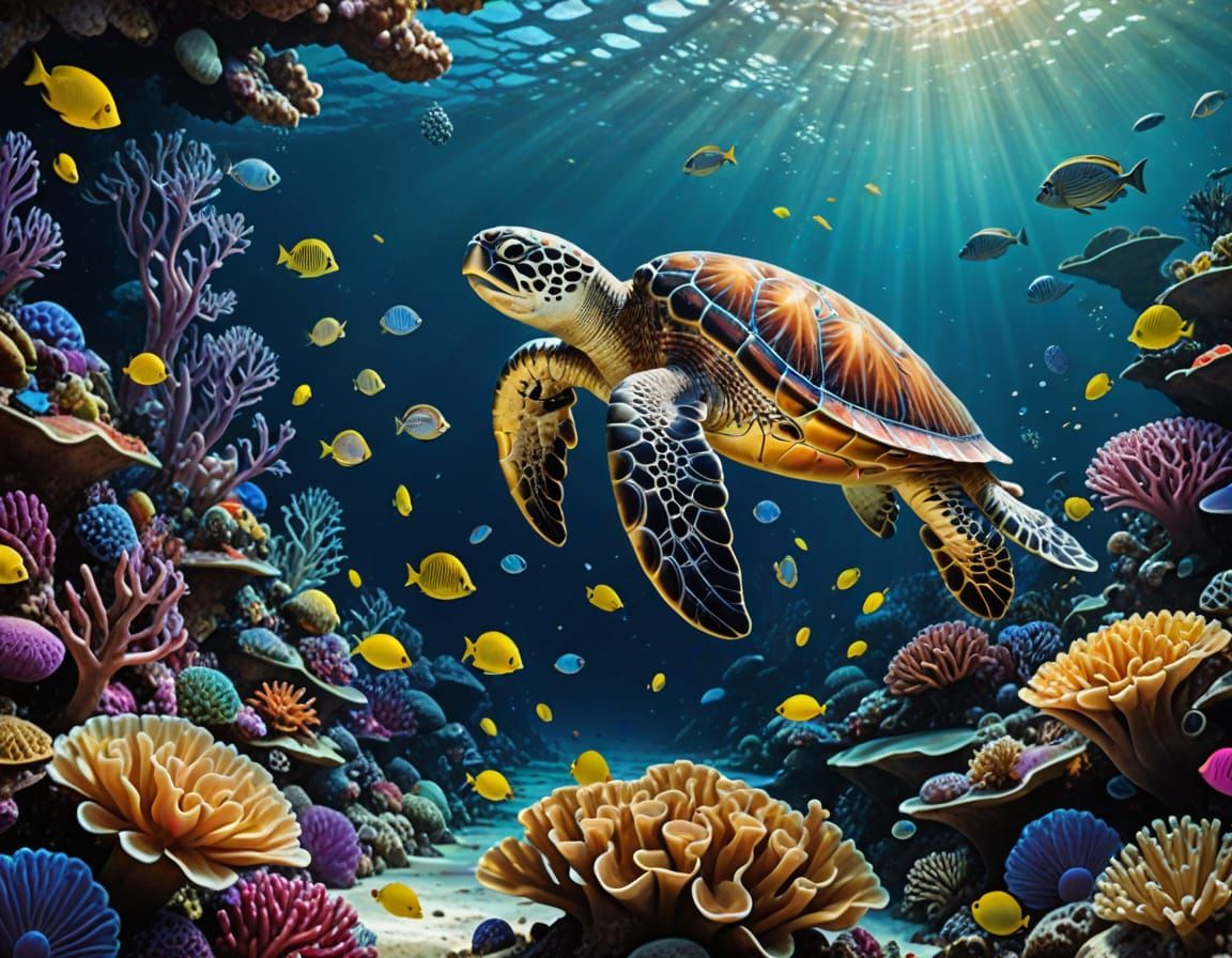 Bioluminescent Coral Reef with Neon Fish and Sea Turtle