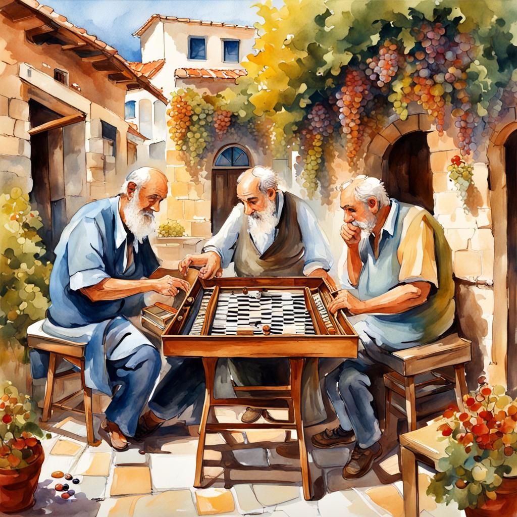 Greek Taverna Backgammon Game in Watercolor Style
