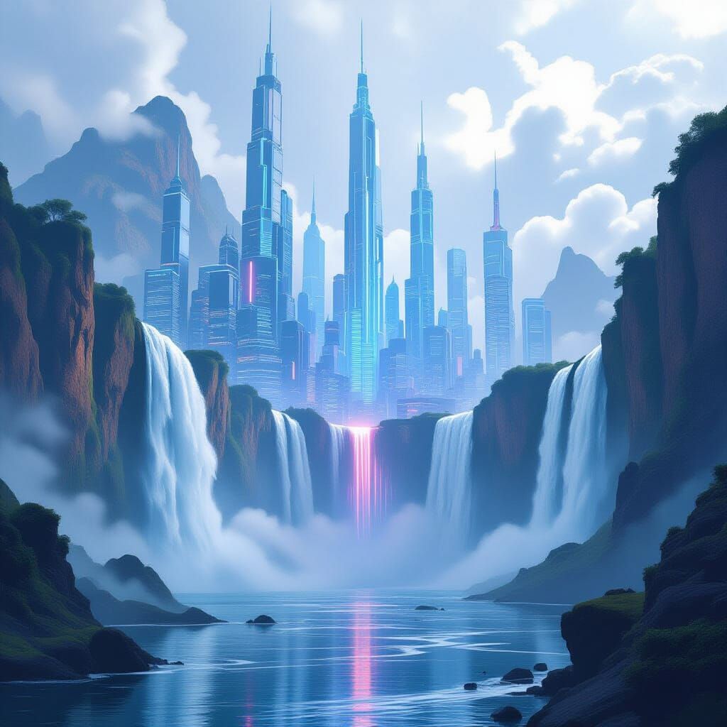 Futuristic City Thriving Amidst Giant Waterfalls