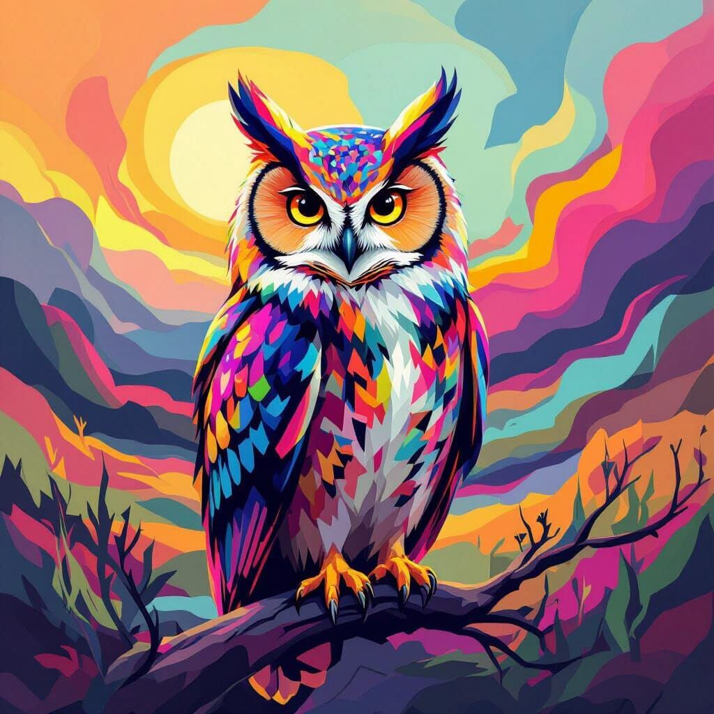 Neon Owl in Abstract Picasso-Inspired Cubist Style