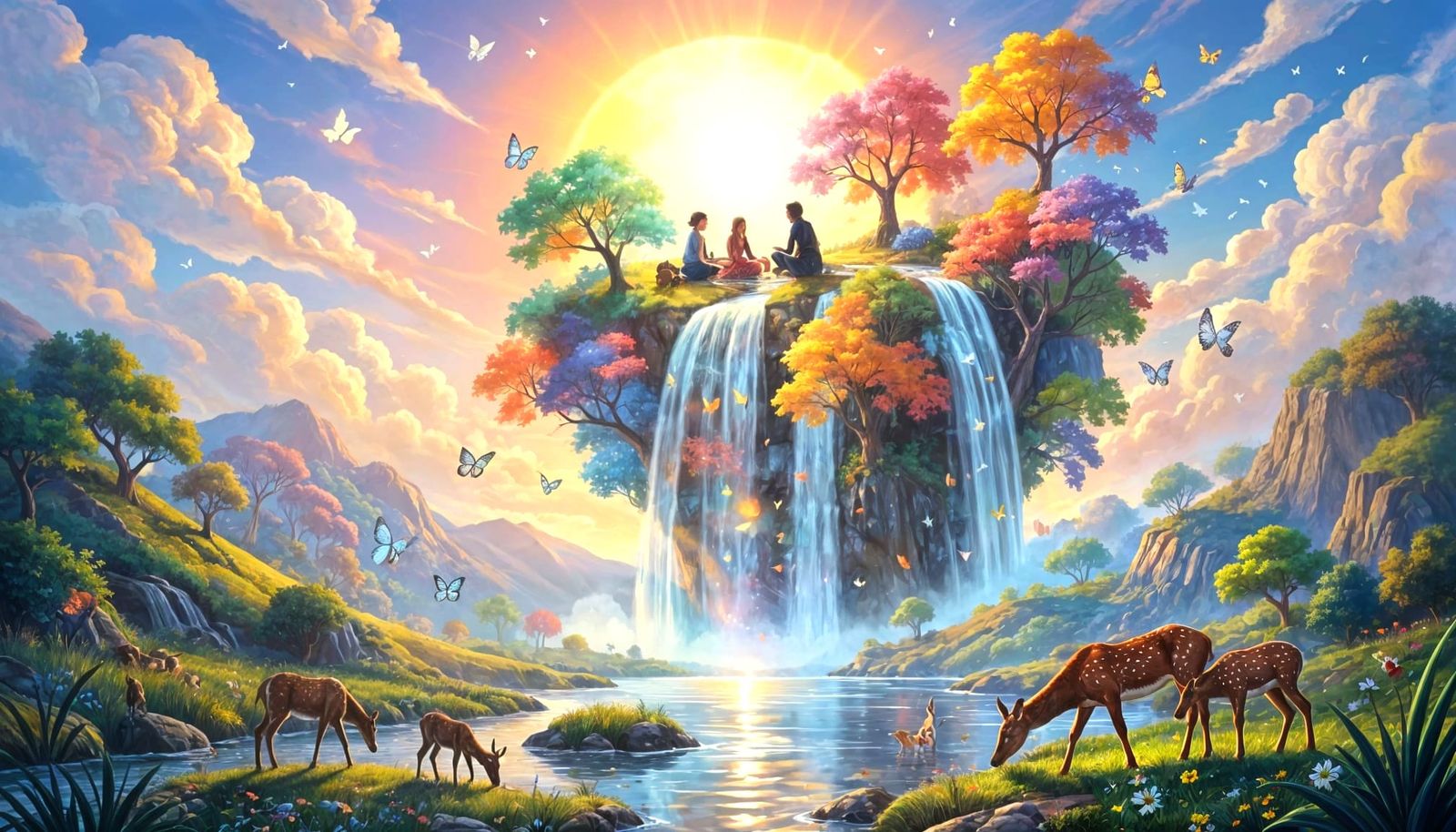 Family Picnic on Sun with Waterfall and Deer Sanctuary