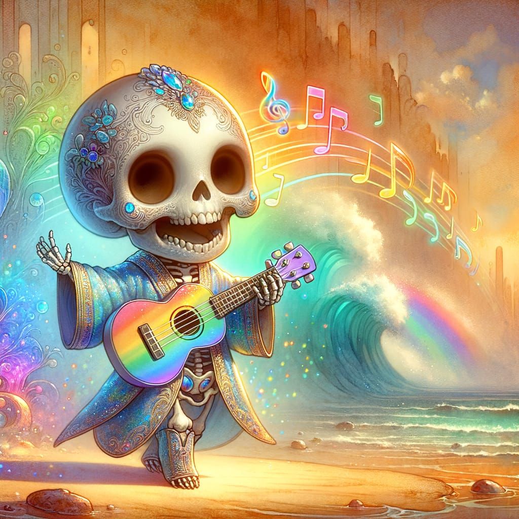 Chibi Skeleton's Joyful Sunset Serenade as Watercolor Painti...