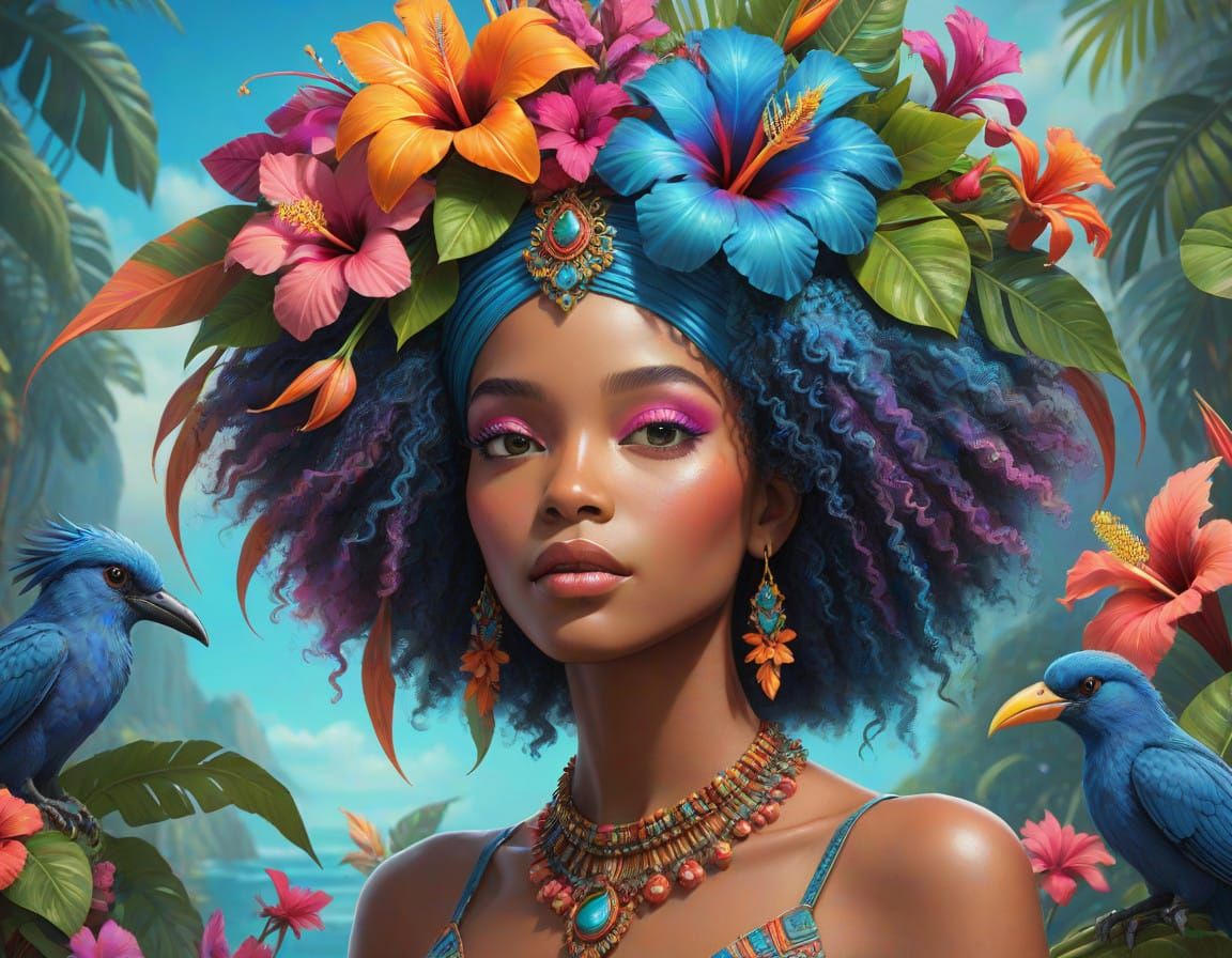 Vibrant Afro Goddess in a Dreamlike Floral Realm