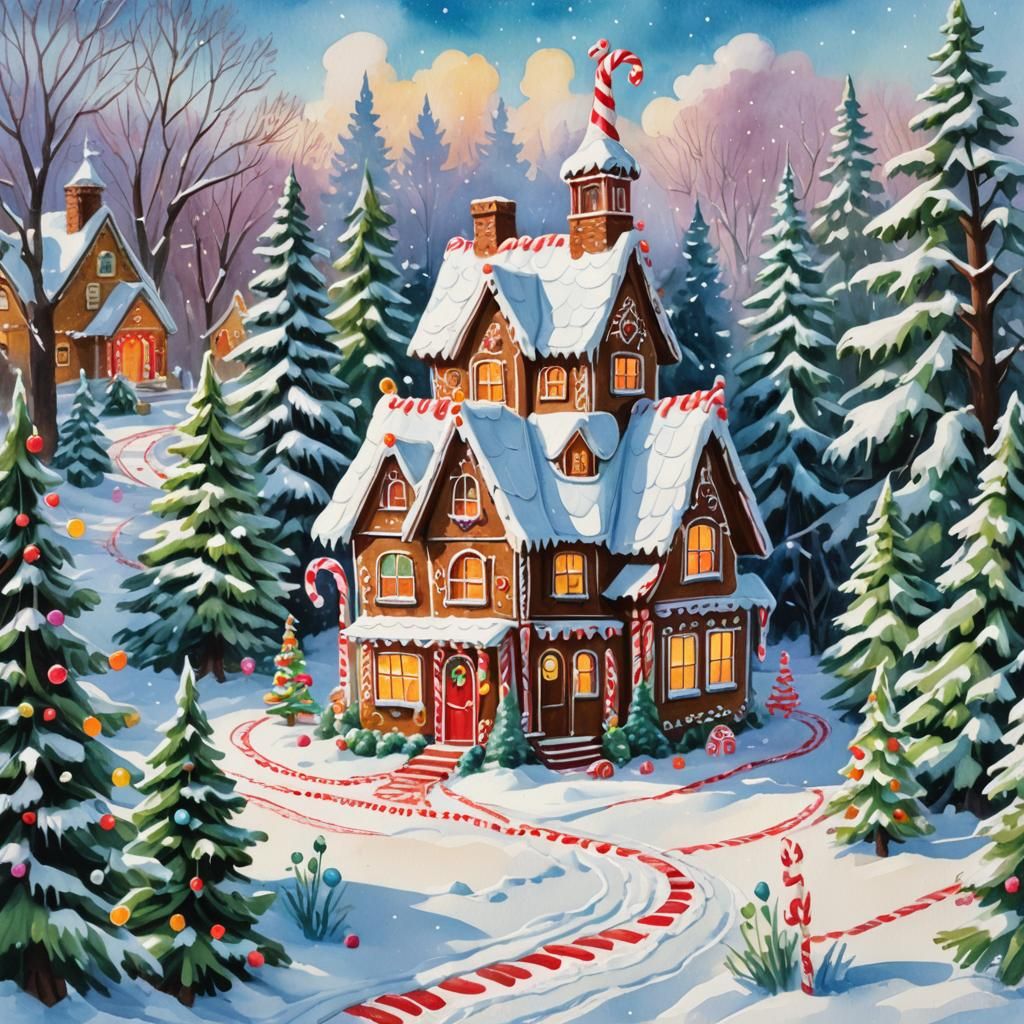 A fantastically detailed gingerbread house in a snowy winter...