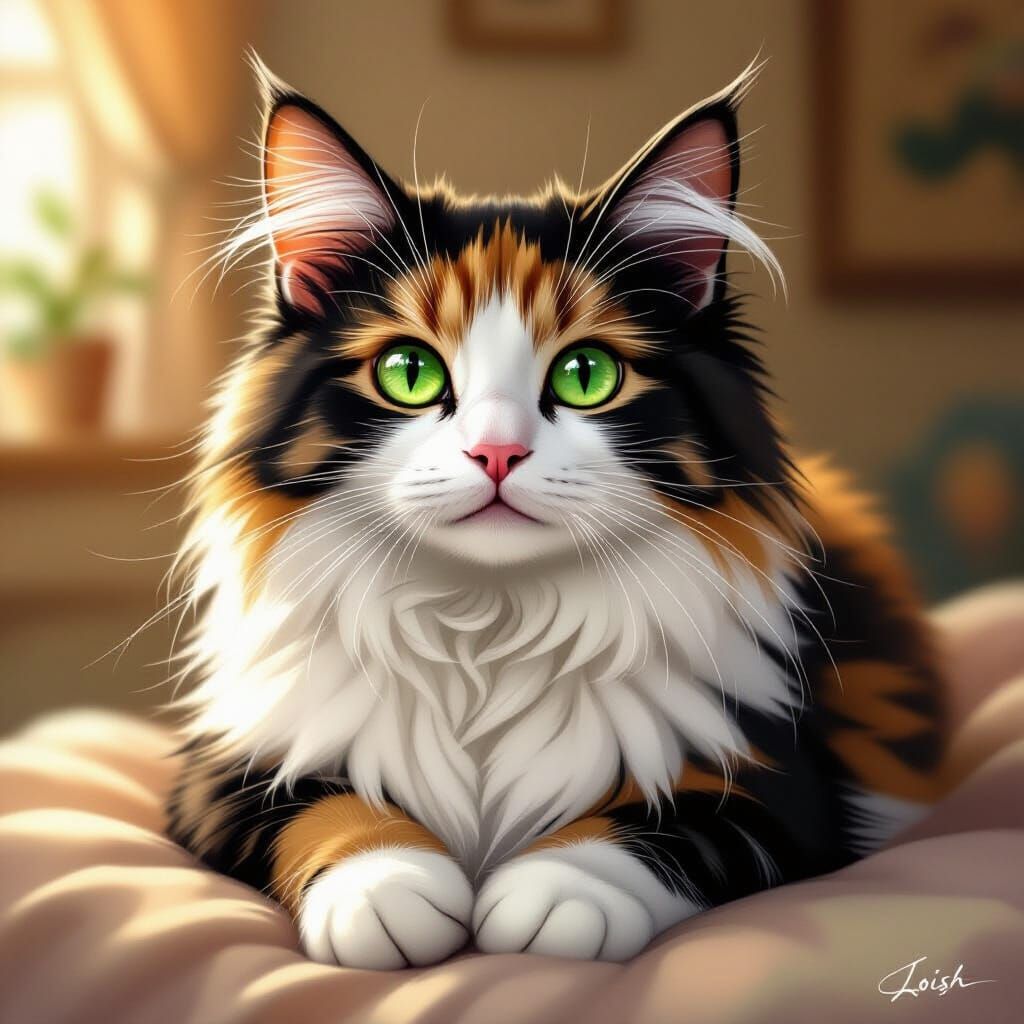 Fluffy Calico Cat with Green Eyes in Cozy Interior