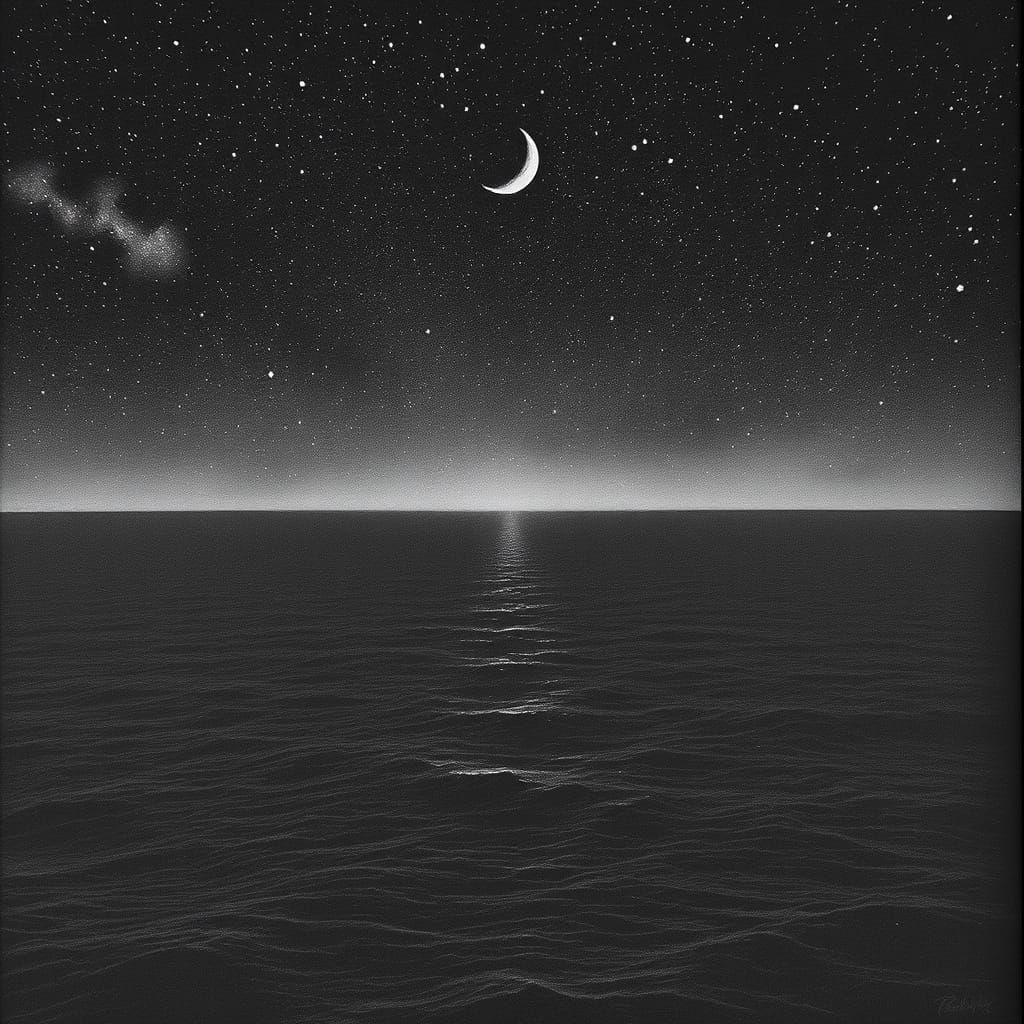 Pacific Ocean Night Sky Charcoal Drawing