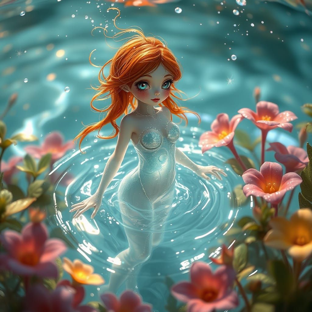 Surreal Water Nymph Emerges from Hydroponic Garden in Glitte...
