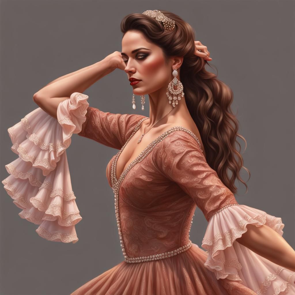 Hyperrealistic Spanish Flamenco Dancer in Pastel Dress