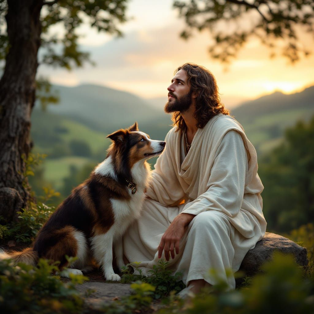 Jesus Christ Portrait with Border Collie in Rural Landscape