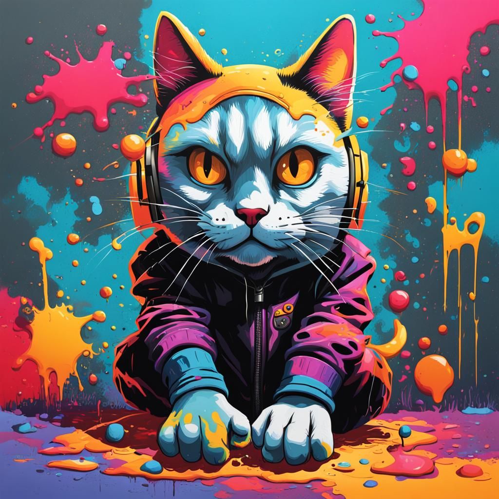 Man Transforms to Cat in Graffiti Splash Art