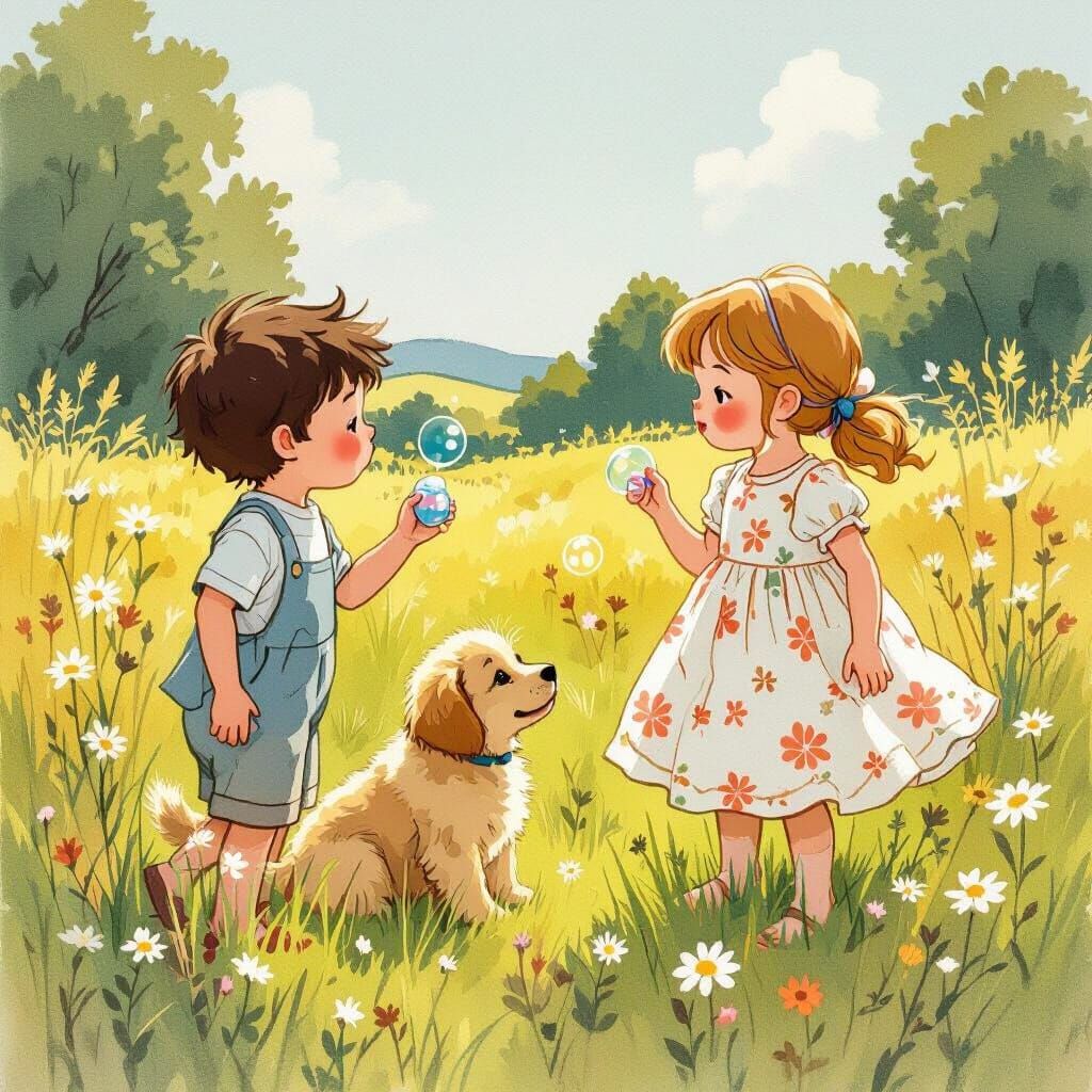 Children Playing with Puppy, Potter-Miyazaki Style