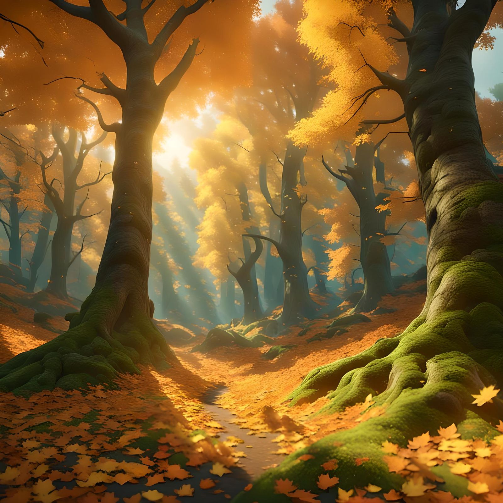 Autumnal European Forest Landscape in Matte Painting Style