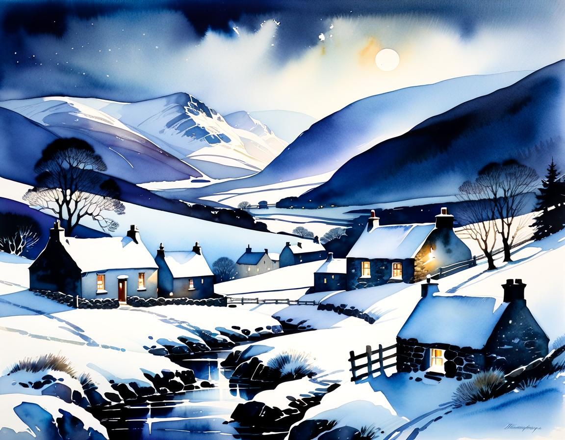 Scottish Highlands Winter Landscape Watercolor Painting
