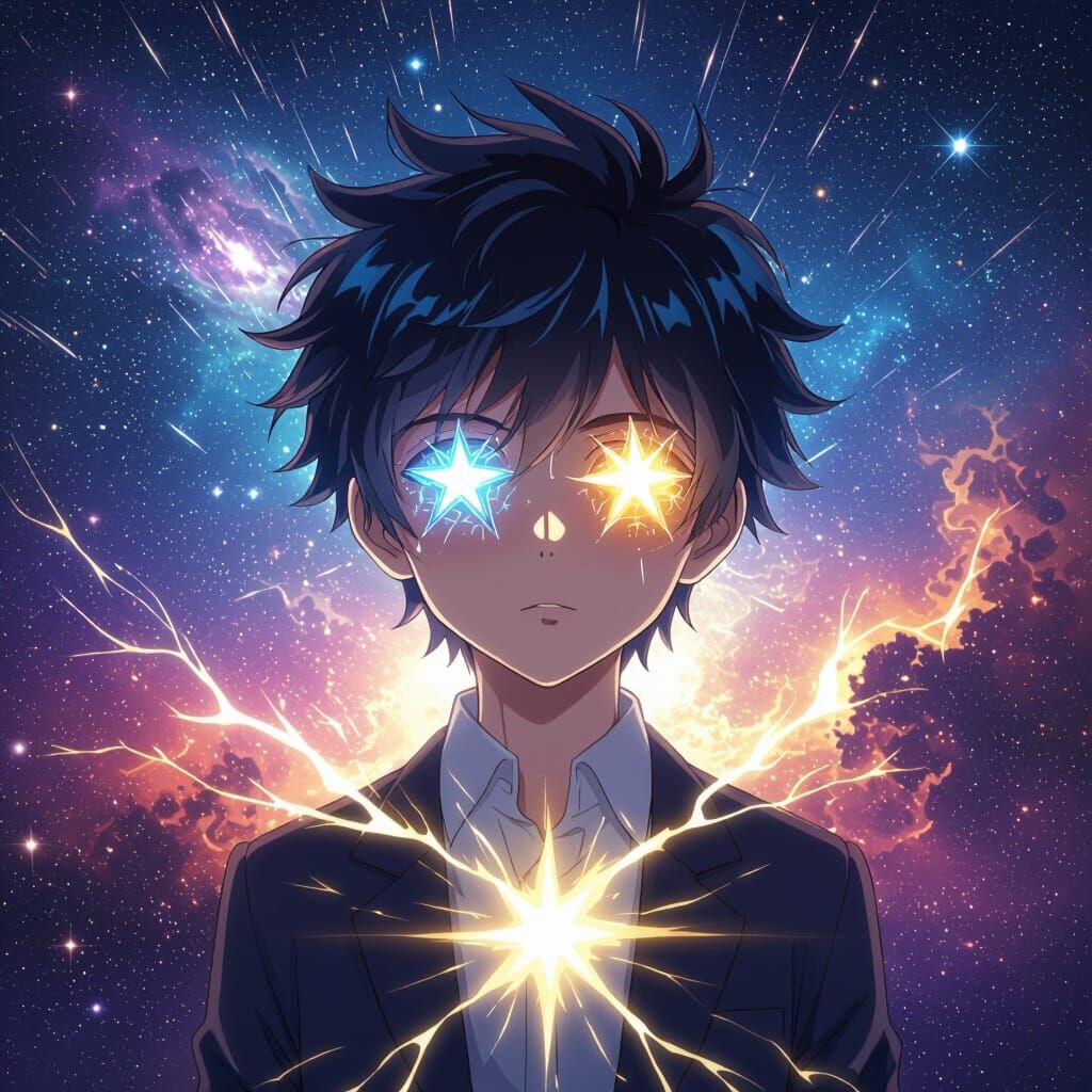 Anime Boy with Star Eyes and Electric Aura