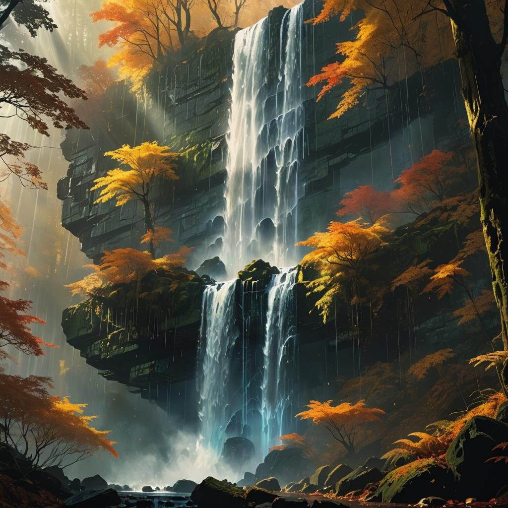 Neon Waterfall in Autumn Forest: Cyberpunk Concept Art