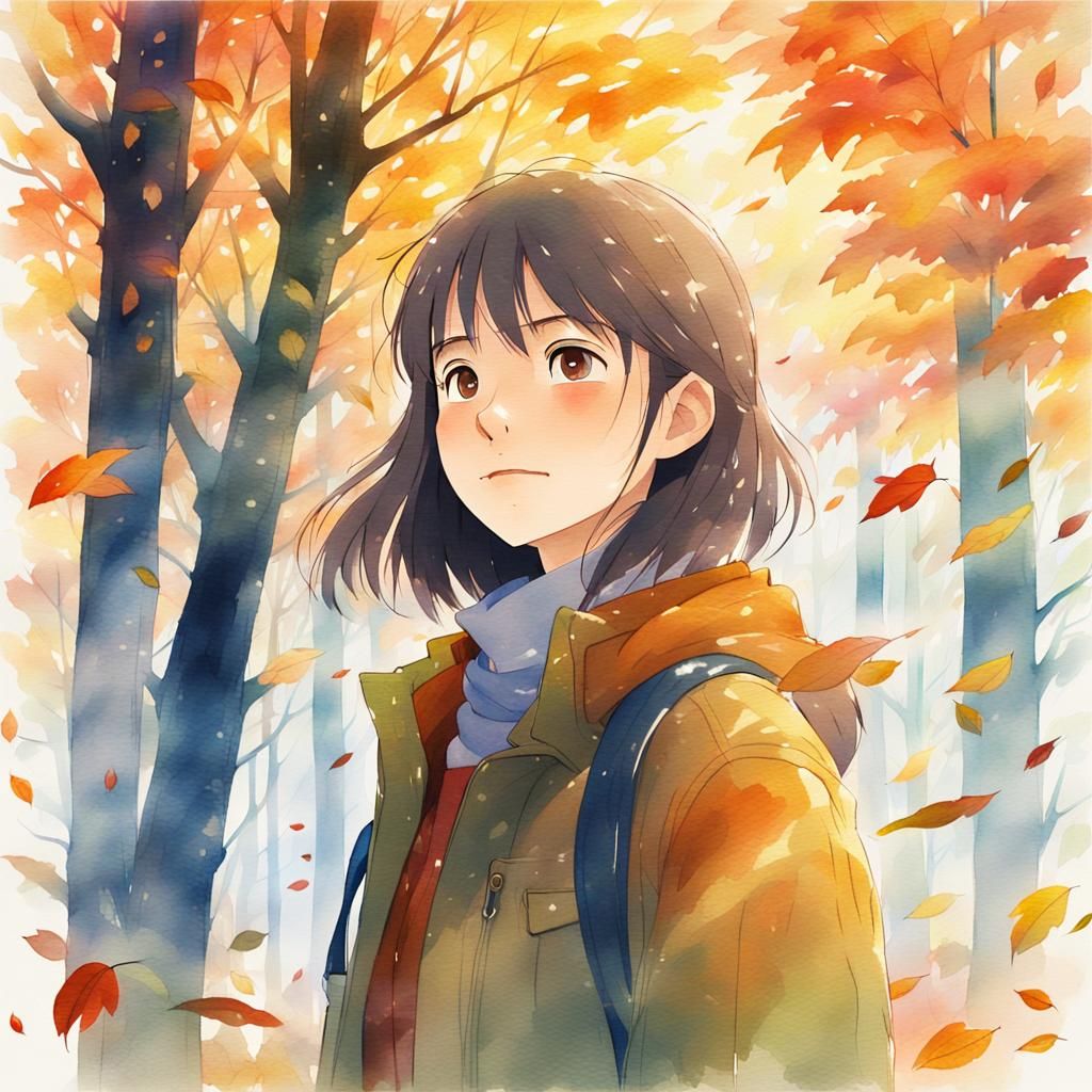 Heartbroken Anime Girl in Misty Autumn Forest