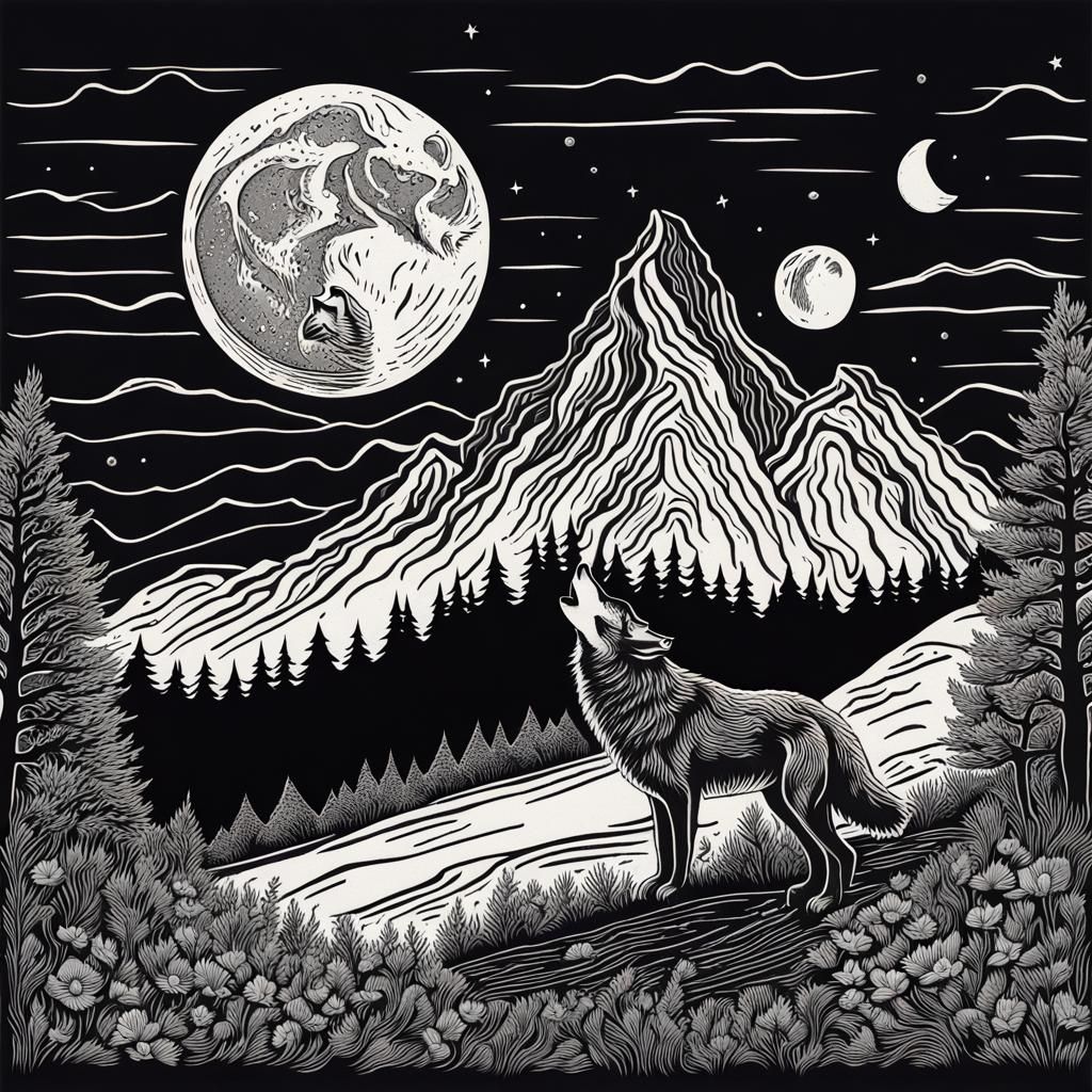 Linocut Mountain Scene with Wolf Howling at Moon
