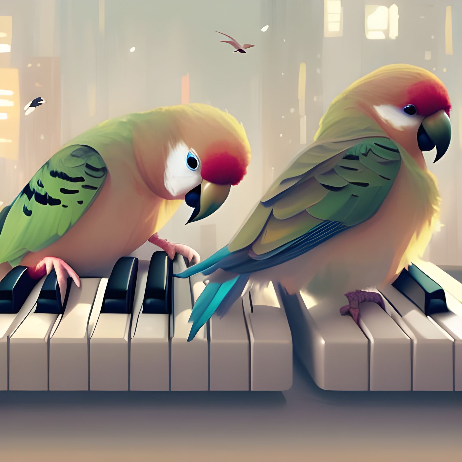 Playful Parakeets' Piano Mischief: Digital Illustration