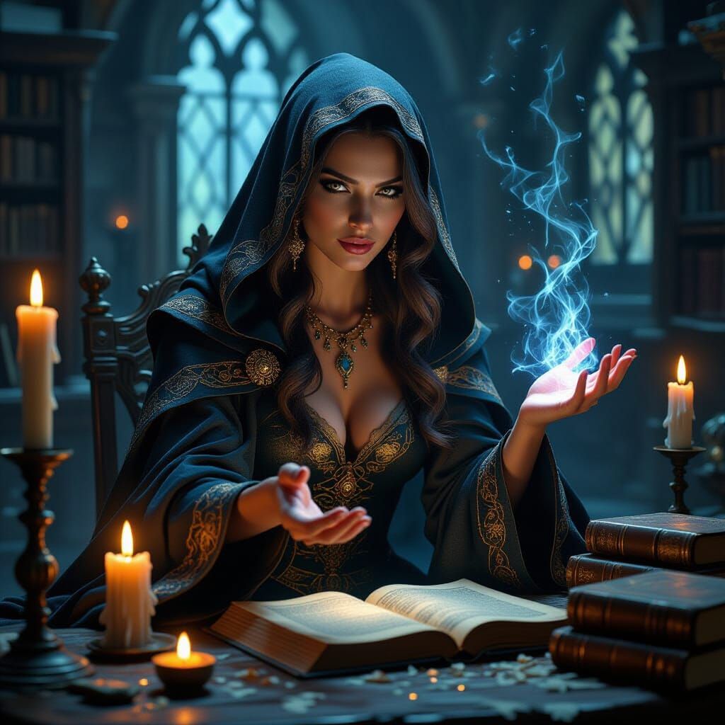 Mystical Sorceress Casting Spell in Chamber