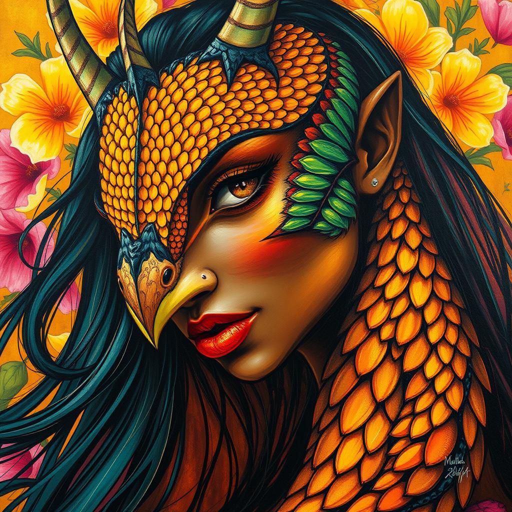 Dragon Peacock Woman Portrait in Abstract Expressionism