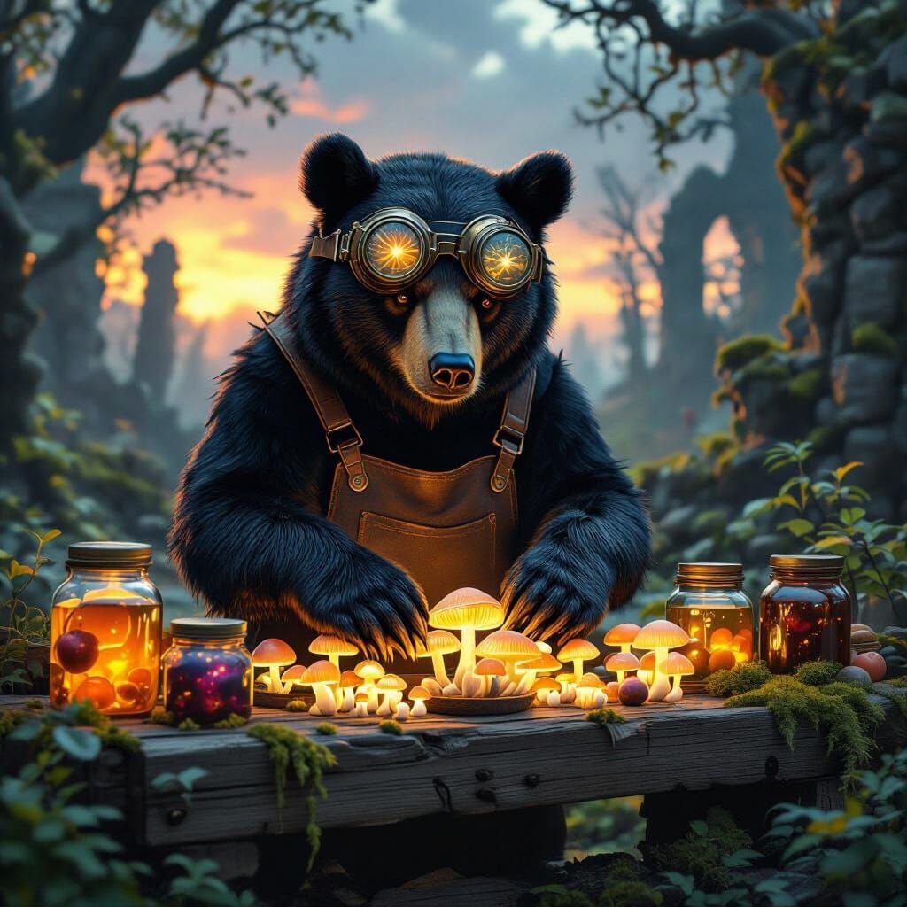 Steampunk Bear Arranges Glowing Mushrooms in Mystical Forest...