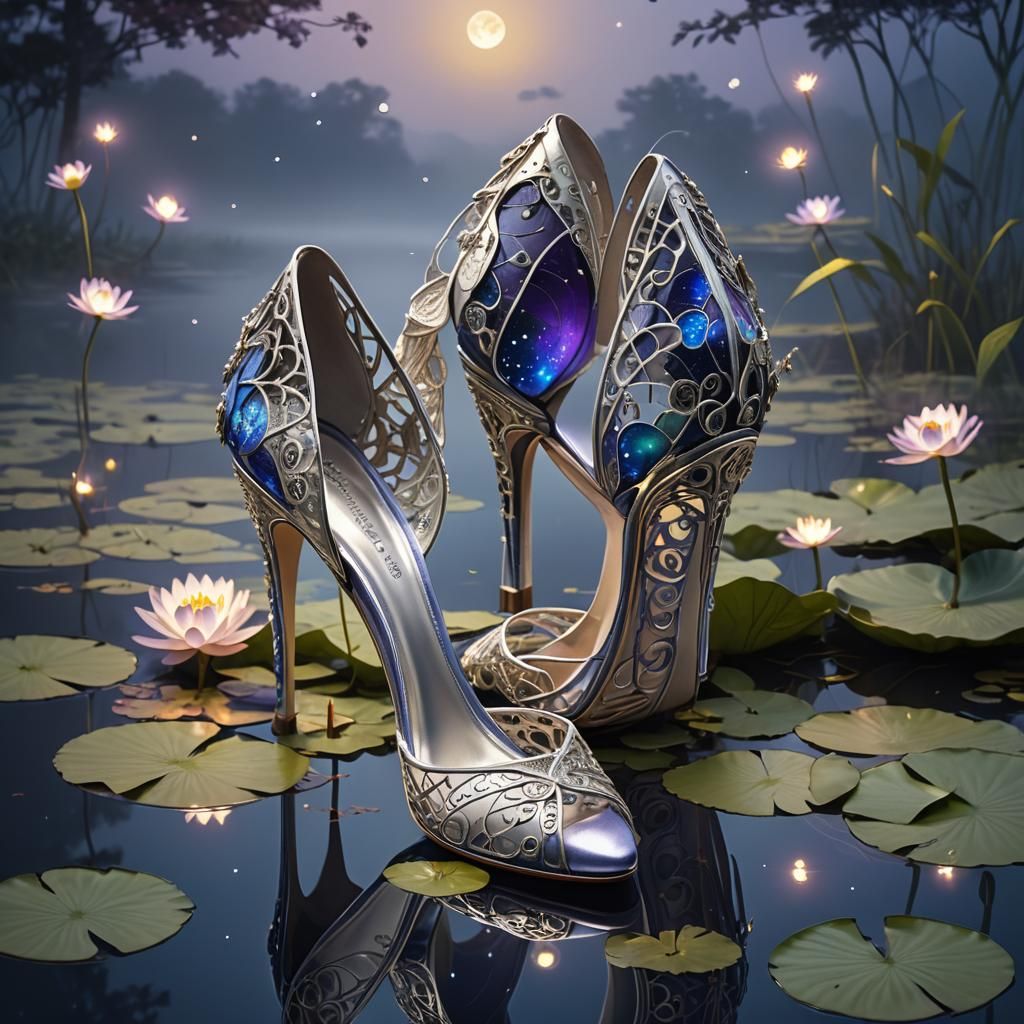 Silver Filigree Shoes on Moonlit Lake
