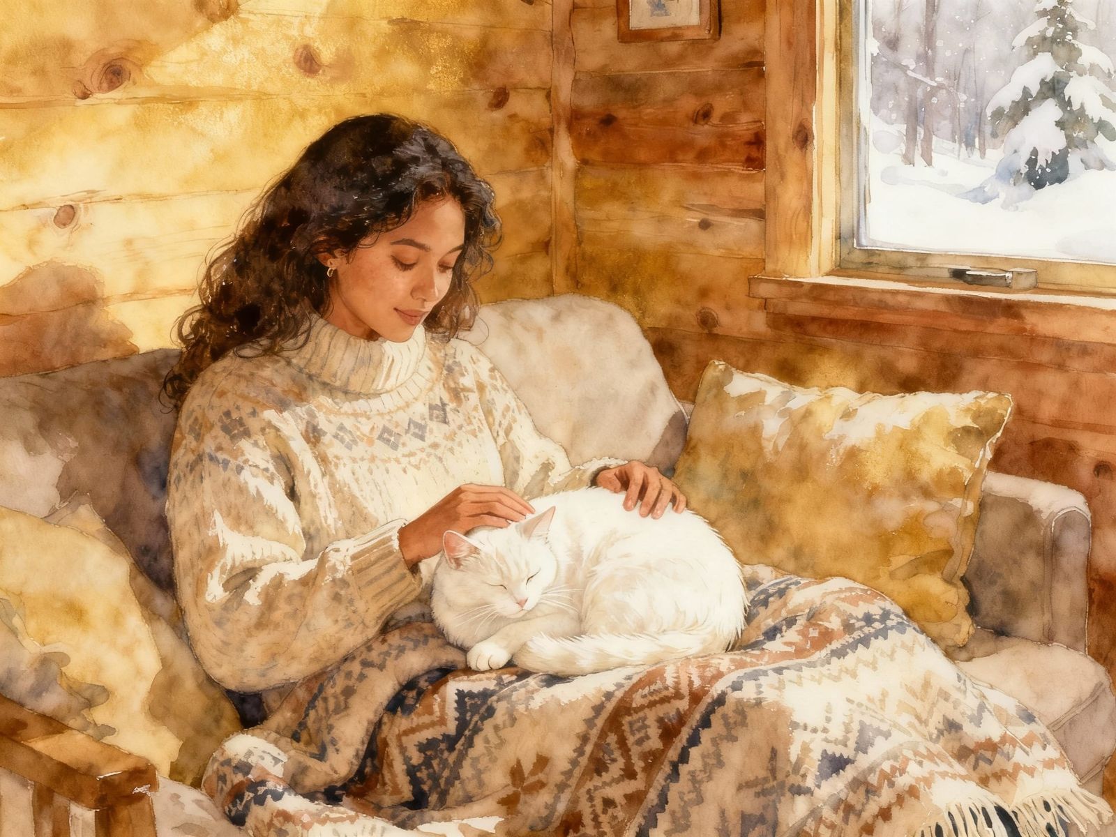 Cozy Winter Scene: Woman Pets Cat by Fireplace