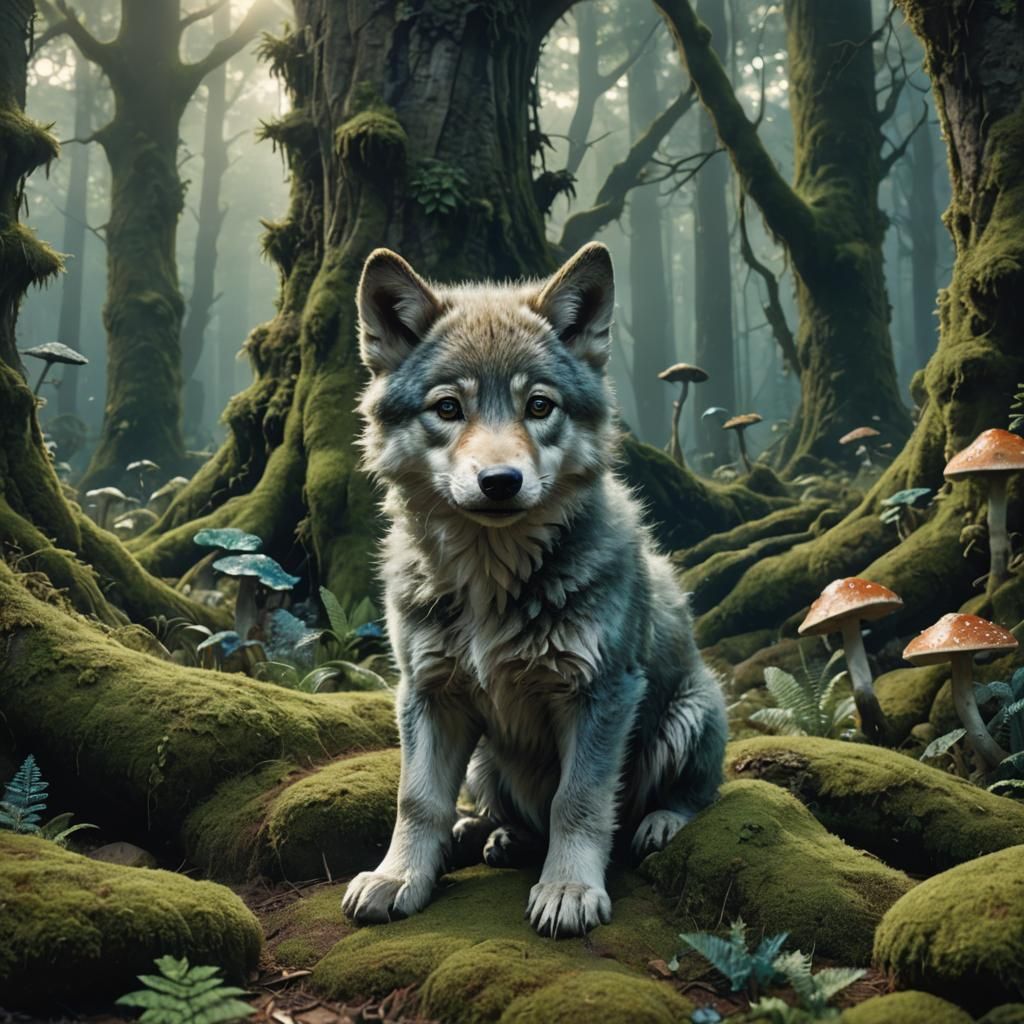 Enchanting Baby Wolf in Mystical Forest