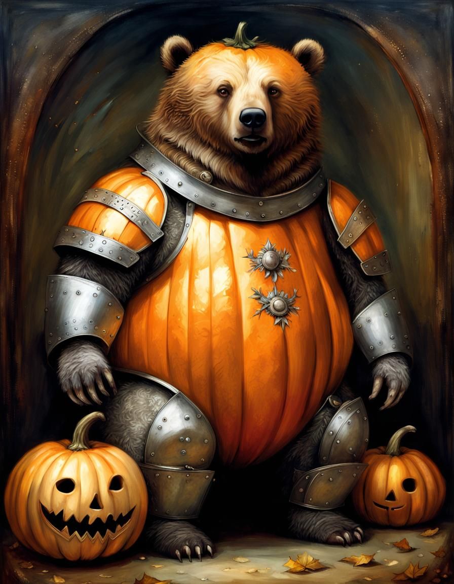 Cyborg Bear in Pumpkin Armor, Hyperrealistic Portrait