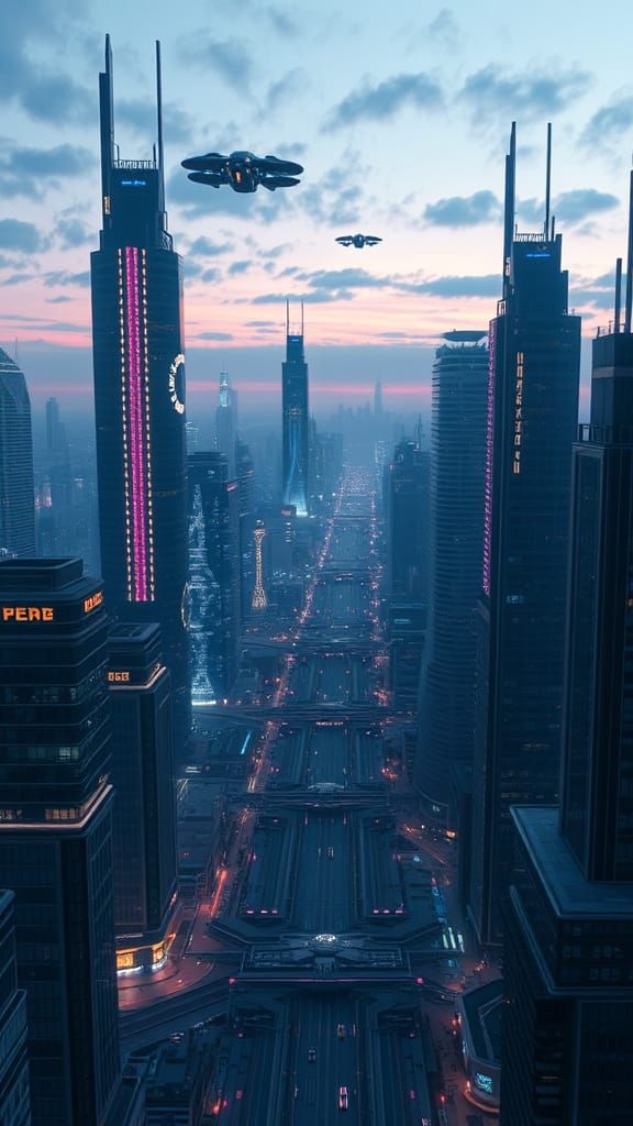 Futuristic Cityscape at Dusk in Cinematic Style