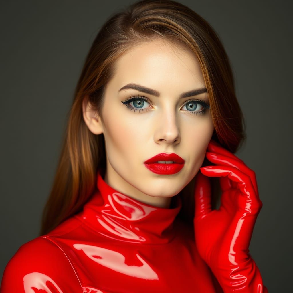 Woman in Striking Red Leather, Latex, and PVC